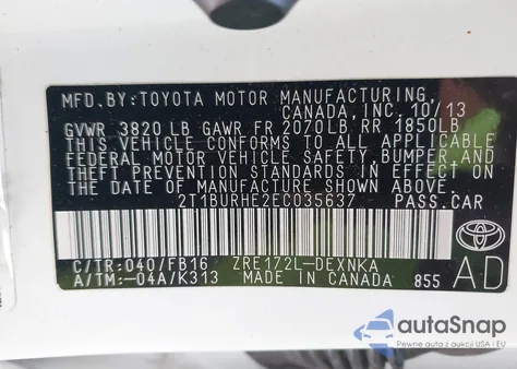 2014 Toyota Corolla Le from USA, damaged, VIN 2T1BURHE2EC035637